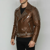 Men's Brown Studded Leather Biker Jacket