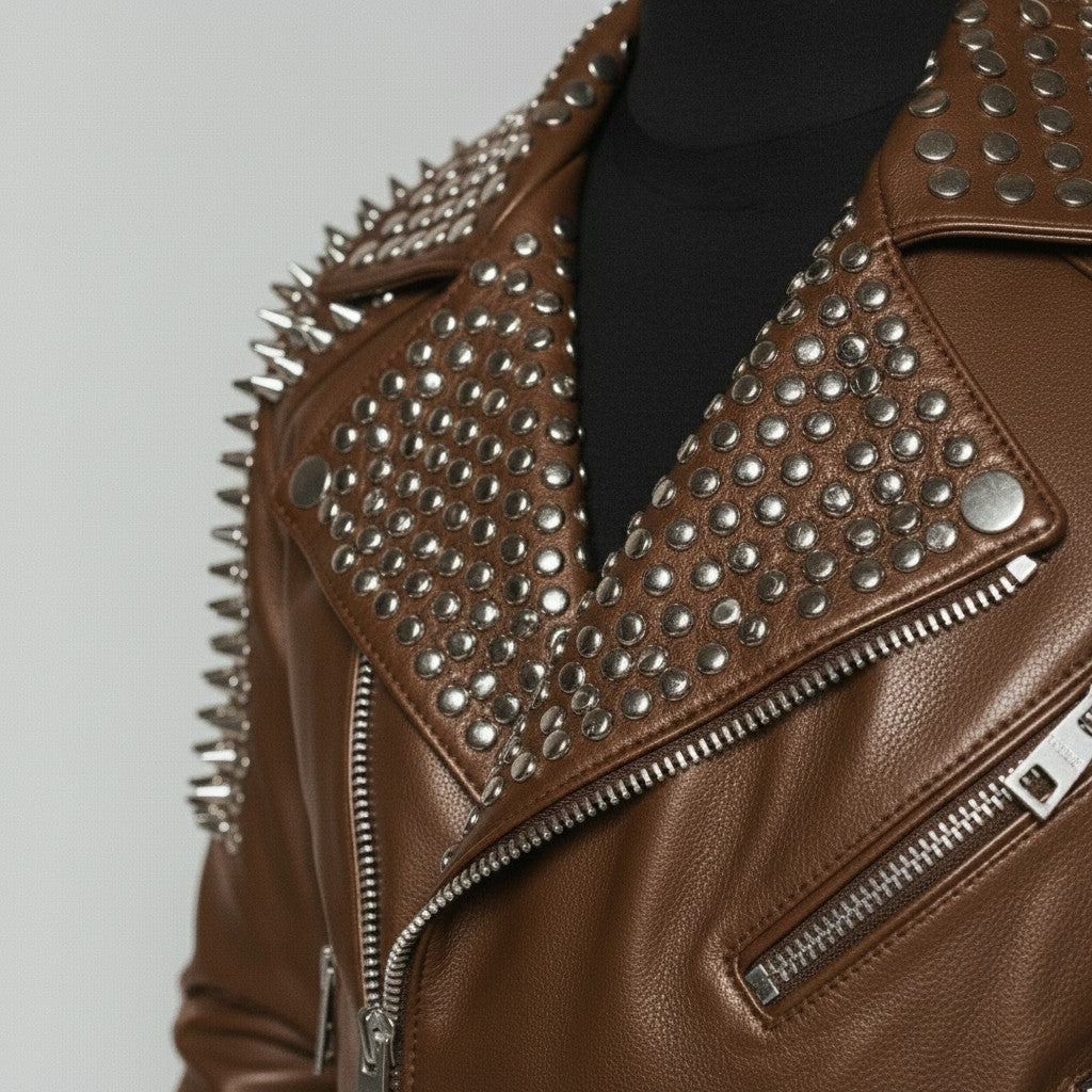 Men's Brown Studded Leather Biker Jacket