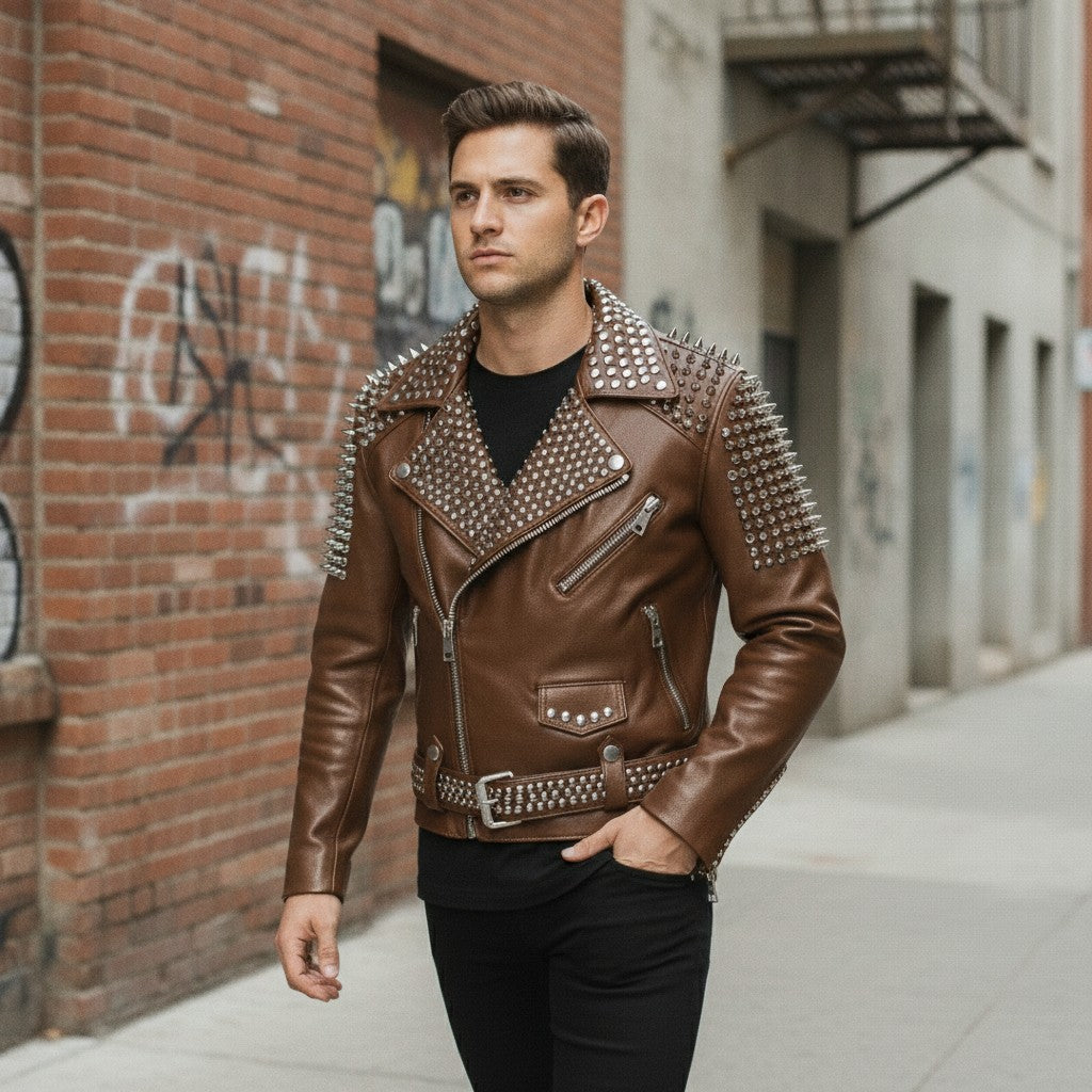 Handmade Punk Men Brown Leather Rock Style Studded Spiked Biker