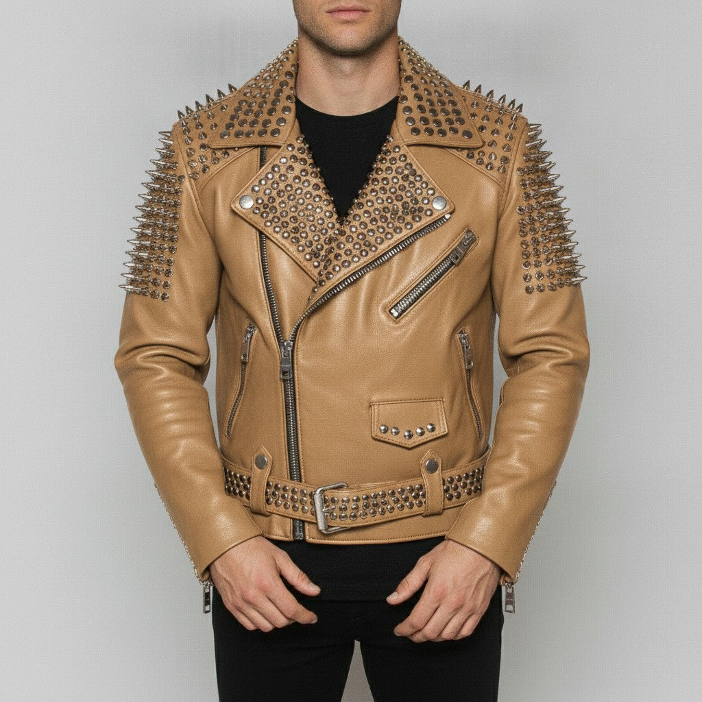 Men's Tan Studded Leather Biker Jacket