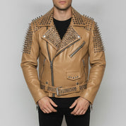 Men's Tan Studded Leather Biker Jacket