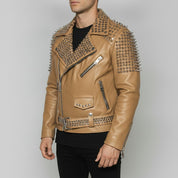 Men's Tan Studded Leather Biker Jacket