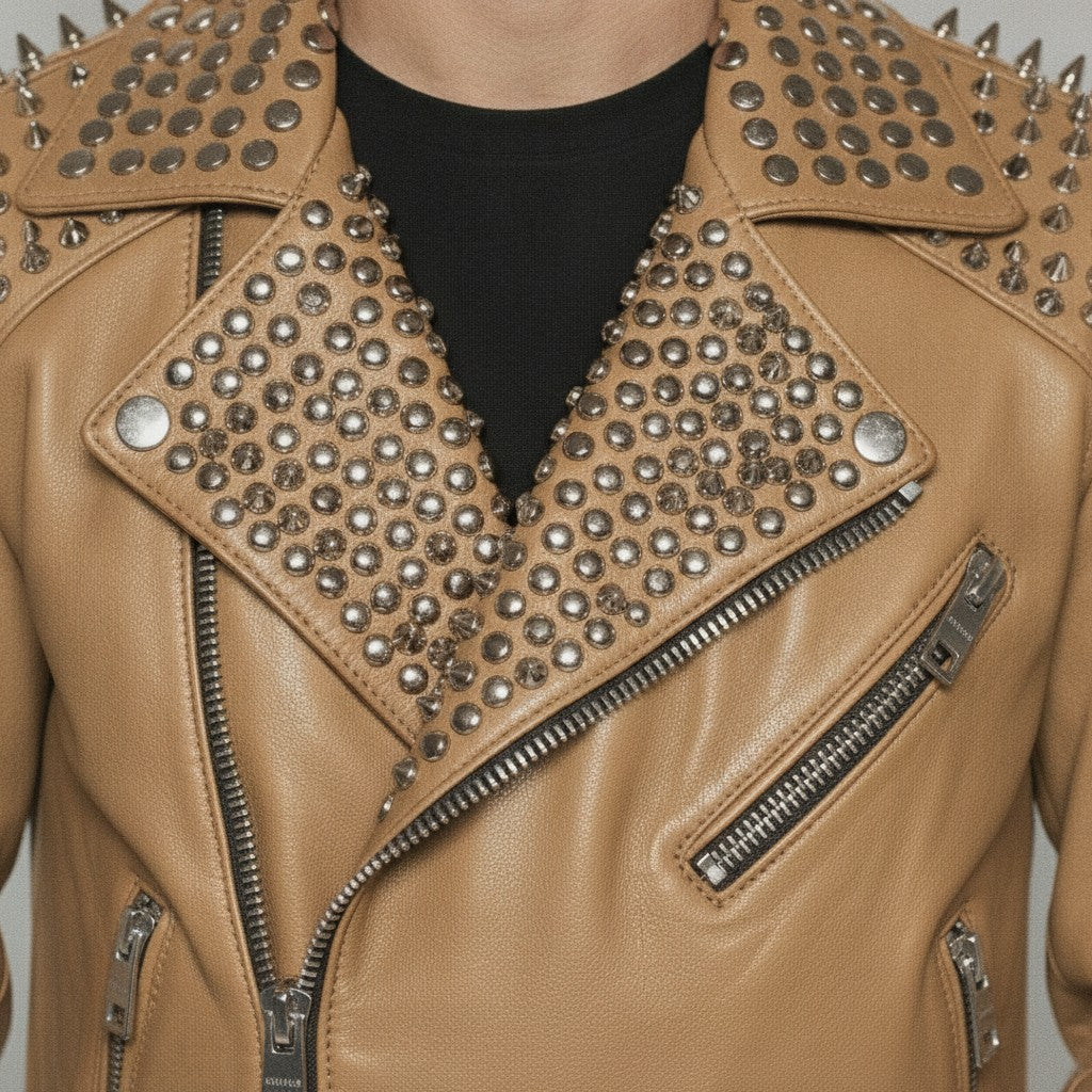 Men's Tan Studded Leather Biker Jacket