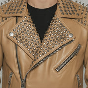Men's Tan Studded Leather Biker Jacket