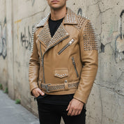 Men's Tan Studded Leather Biker Jacket
