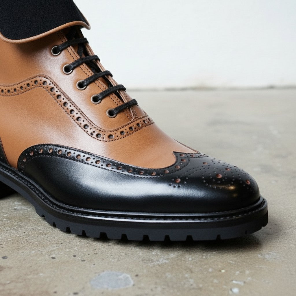 Men's Black and Tan Wingtip Leather Ankle Boots