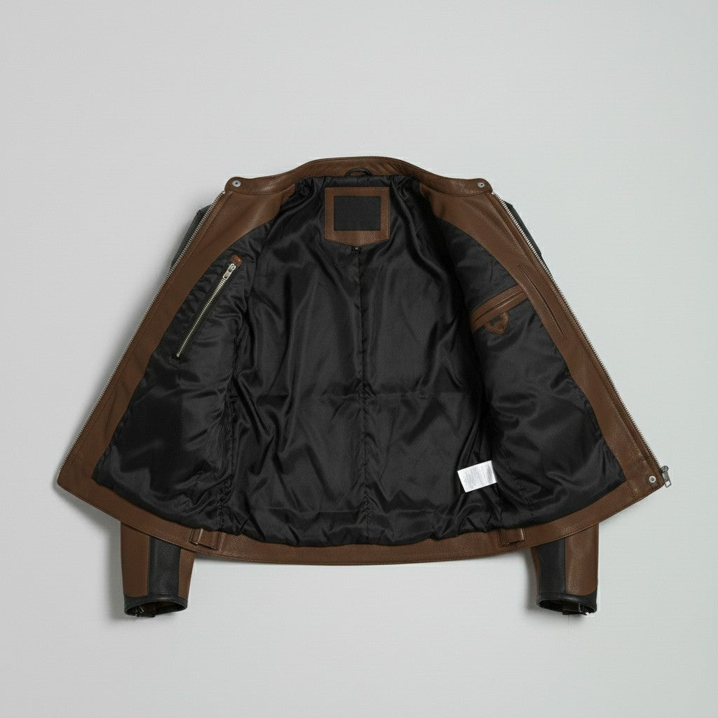 Men's Two-Tone Brown and Black Leather Biker Jacket with Red Accents