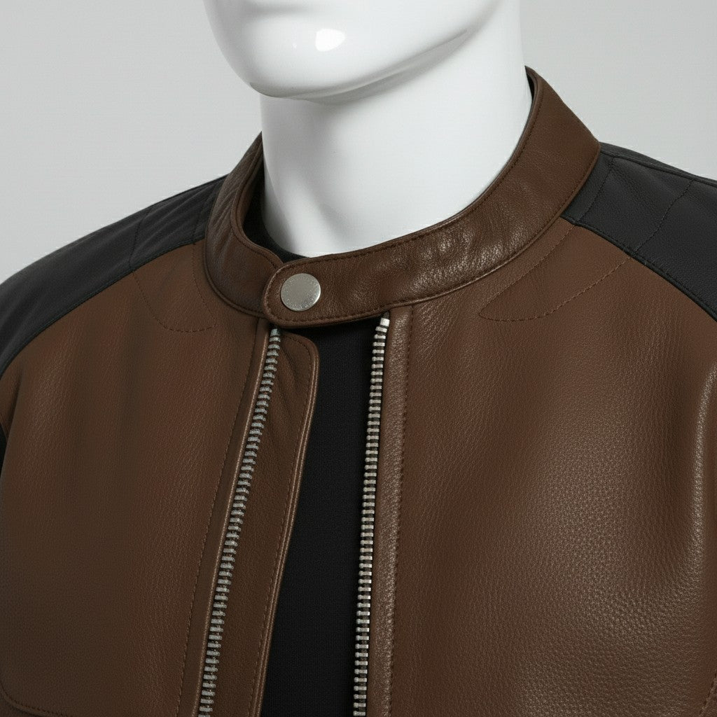 Men's Two-Tone Brown and Black Leather Biker Jacket with Red Accents