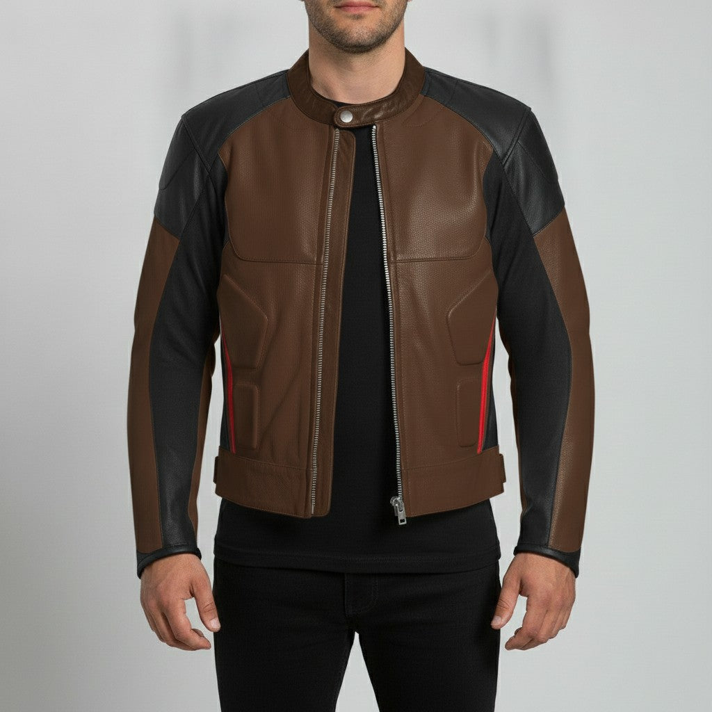 Men's Two-Tone Brown and Black Leather Biker Jacket with Red Accents