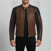 Men's Two-Tone Brown and Black Leather Biker Jacket with Red Accents