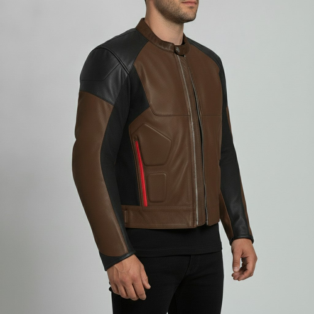 Men's Two-Tone Brown and Black Leather Biker Jacket with Red Accents