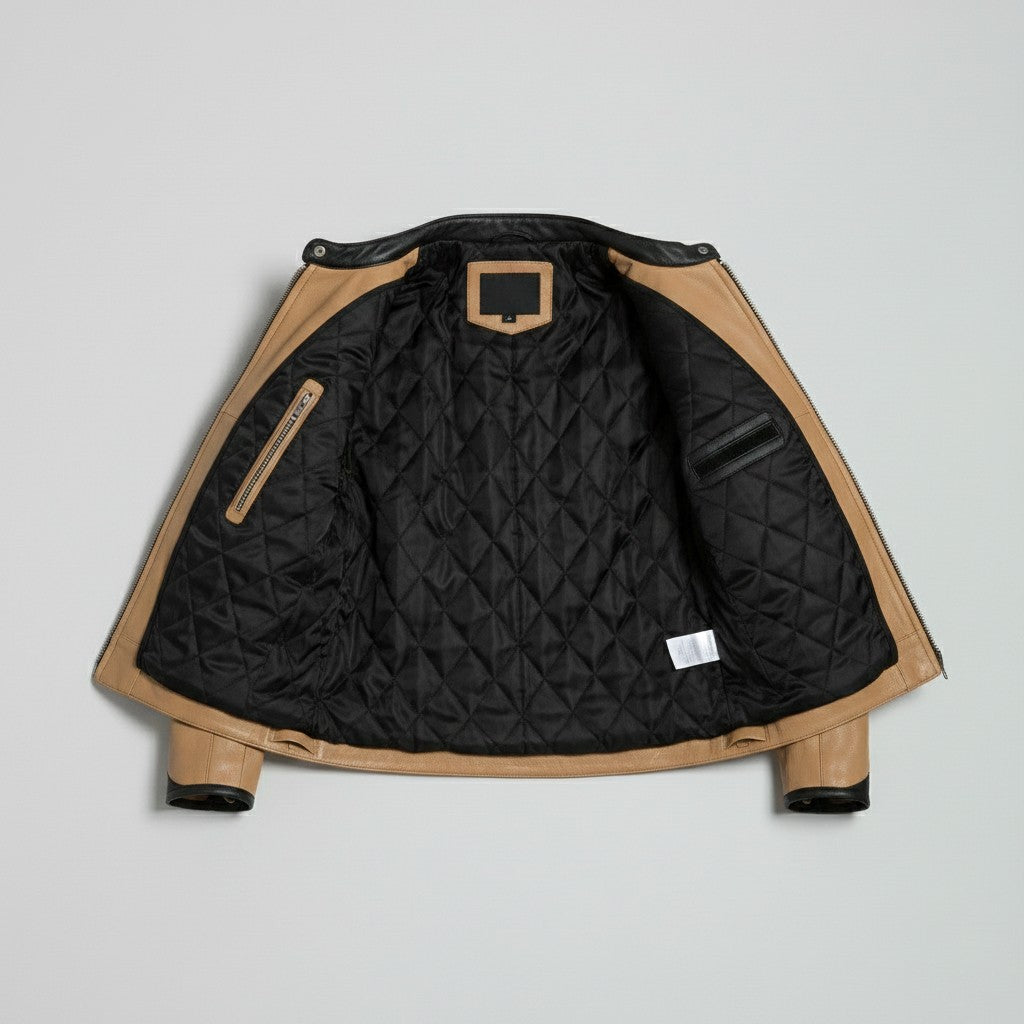 Men's Two-Tone Tan and Black Leather Biker Jacket with Red Accents