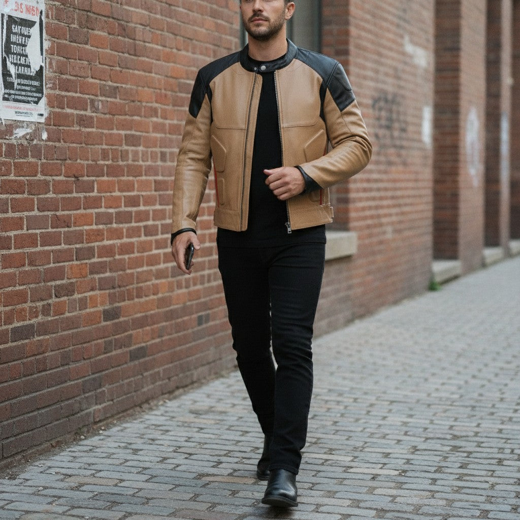 Men's Two-Tone Tan and Black Leather Biker Jacket with Red Accents