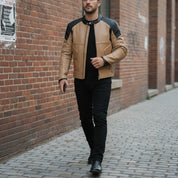 Men's Two-Tone Tan and Black Leather Biker Jacket with Red Accents