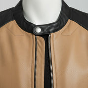 Men's Two-Tone Tan and Black Leather Biker Jacket with Red Accents