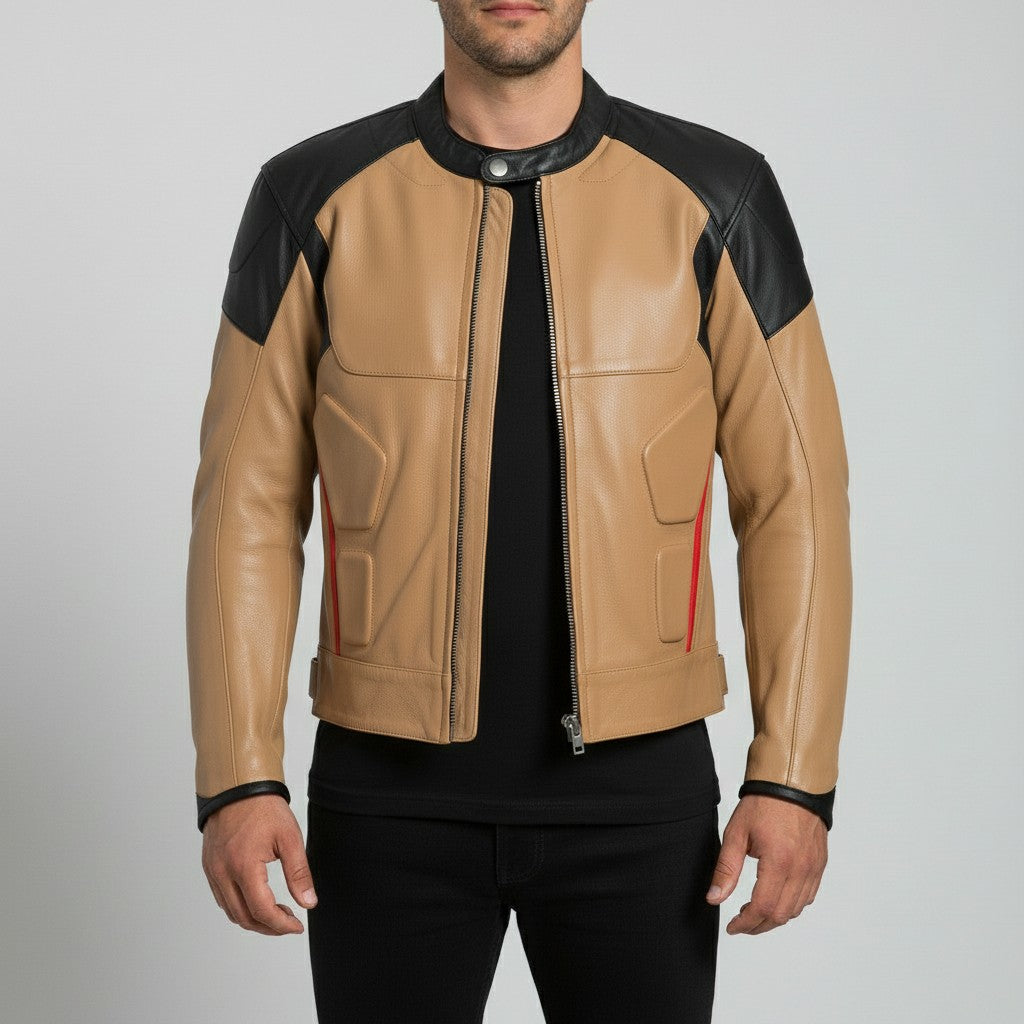 Men's Two-Tone Tan and Black Leather Biker Jacket with Red Accents
