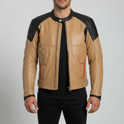 Men's Two-Tone Tan and Black Leather Biker Jacket with Red Accents