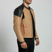 Men's Two-Tone Tan and Black Leather Biker Jacket with Red Accents