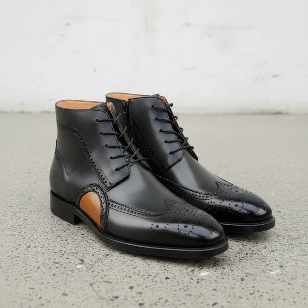 Men's Black and Tan Wingtip Leather Oxford Boots