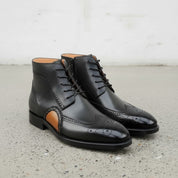 Men's Black and Tan Wingtip Leather Oxford Boots
