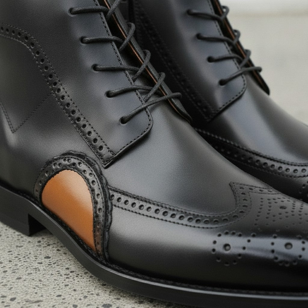 Men's Black and Tan Wingtip Leather Oxford Boots