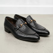 Men's Black Ostrich-Embossed Leather Bit Loafers