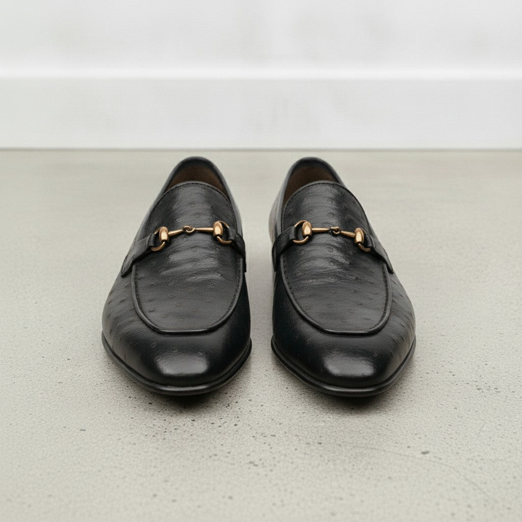 Men's Black Ostrich-Embossed Leather Bit Loafers