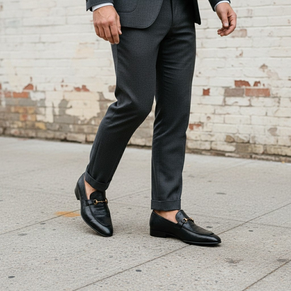 Men's Black Ostrich-Embossed Leather Bit Loafers