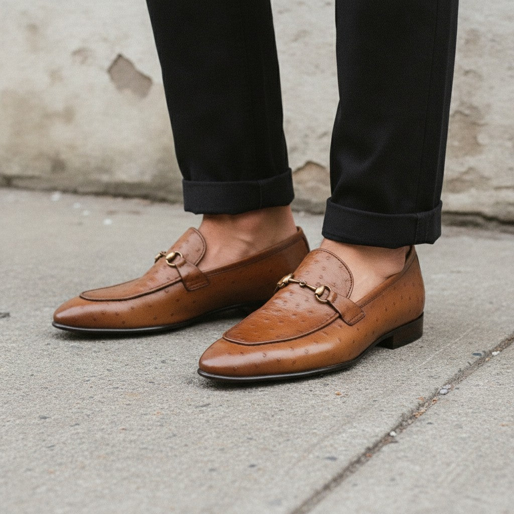 Men's Tan Ostrich-Embossed Leather Bit Loafers