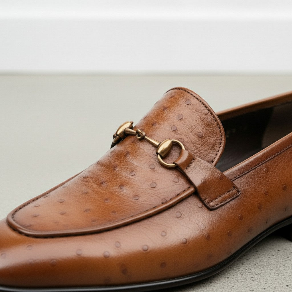 Men's Tan Ostrich-Embossed Leather Bit Loafers
