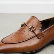 Men's Tan Ostrich-Embossed Leather Bit Loafers