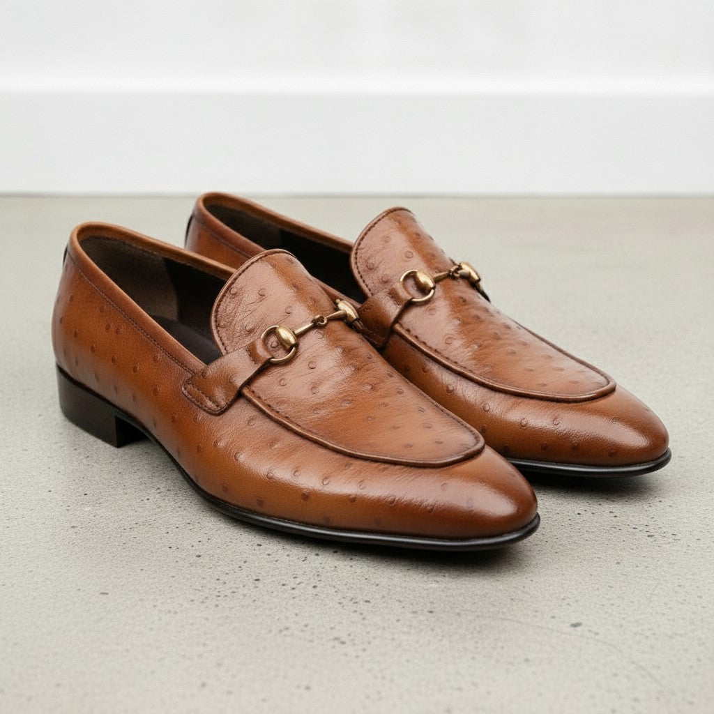 Men's Tan Ostrich-Embossed Leather Bit Loafers