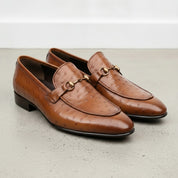 Men's Tan Ostrich-Embossed Leather Bit Loafers