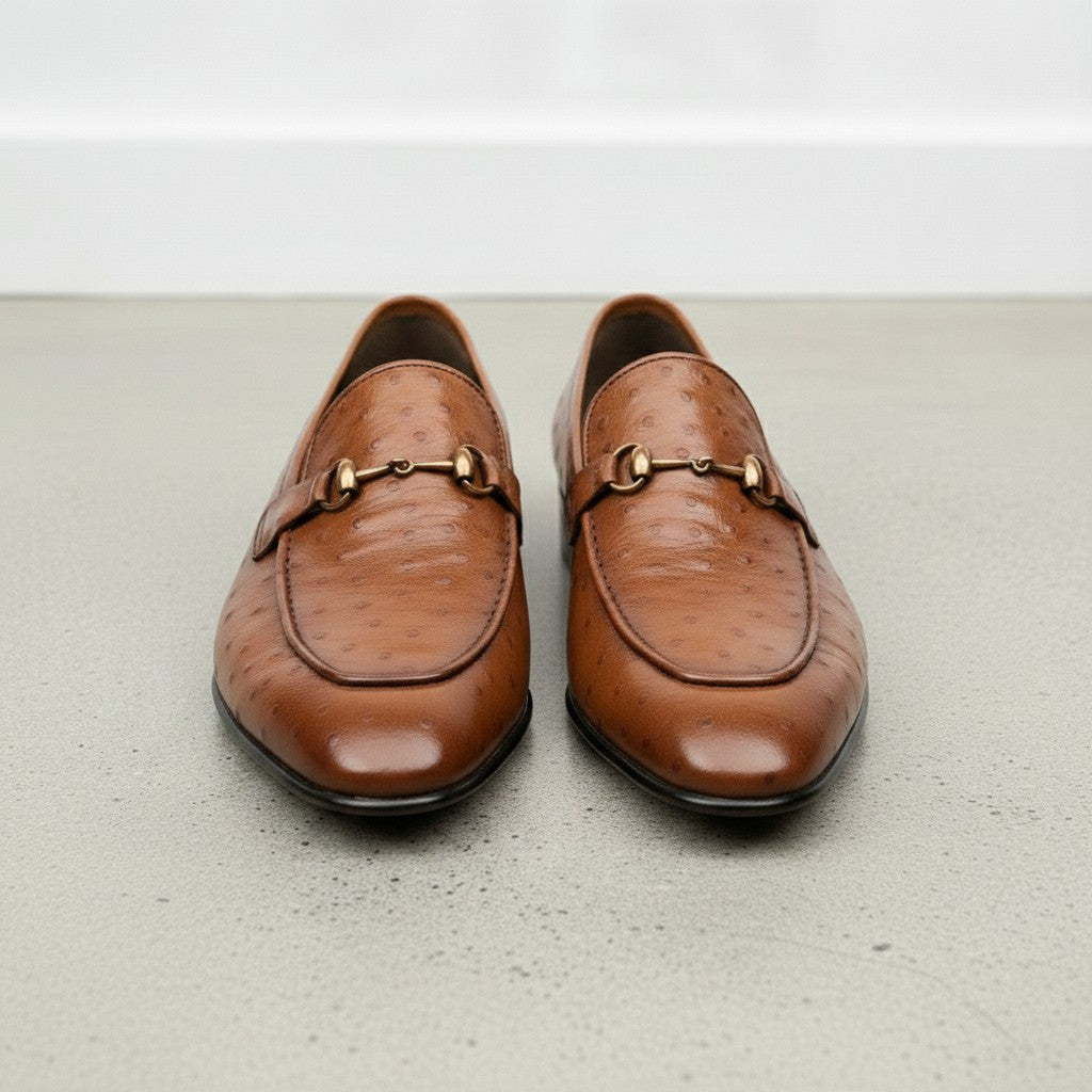 Men's Tan Ostrich-Embossed Leather Bit Loafers