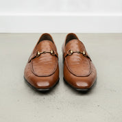 Men's Tan Ostrich-Embossed Leather Bit Loafers