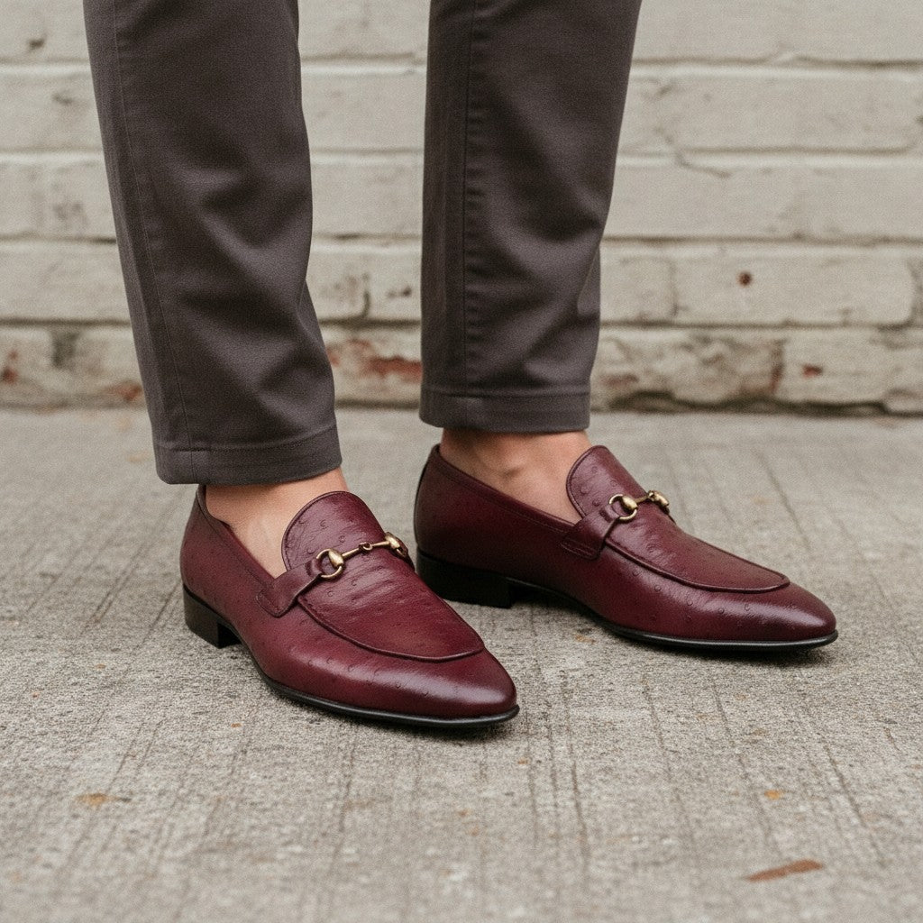 Men's Burgundy Ostrich-Embossed Leather Bit Loafers