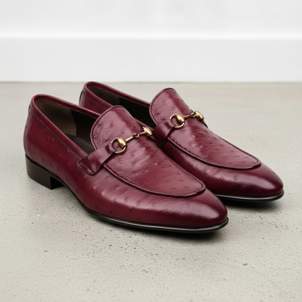 Men's Burgundy Ostrich-Embossed Leather Bit Loafers