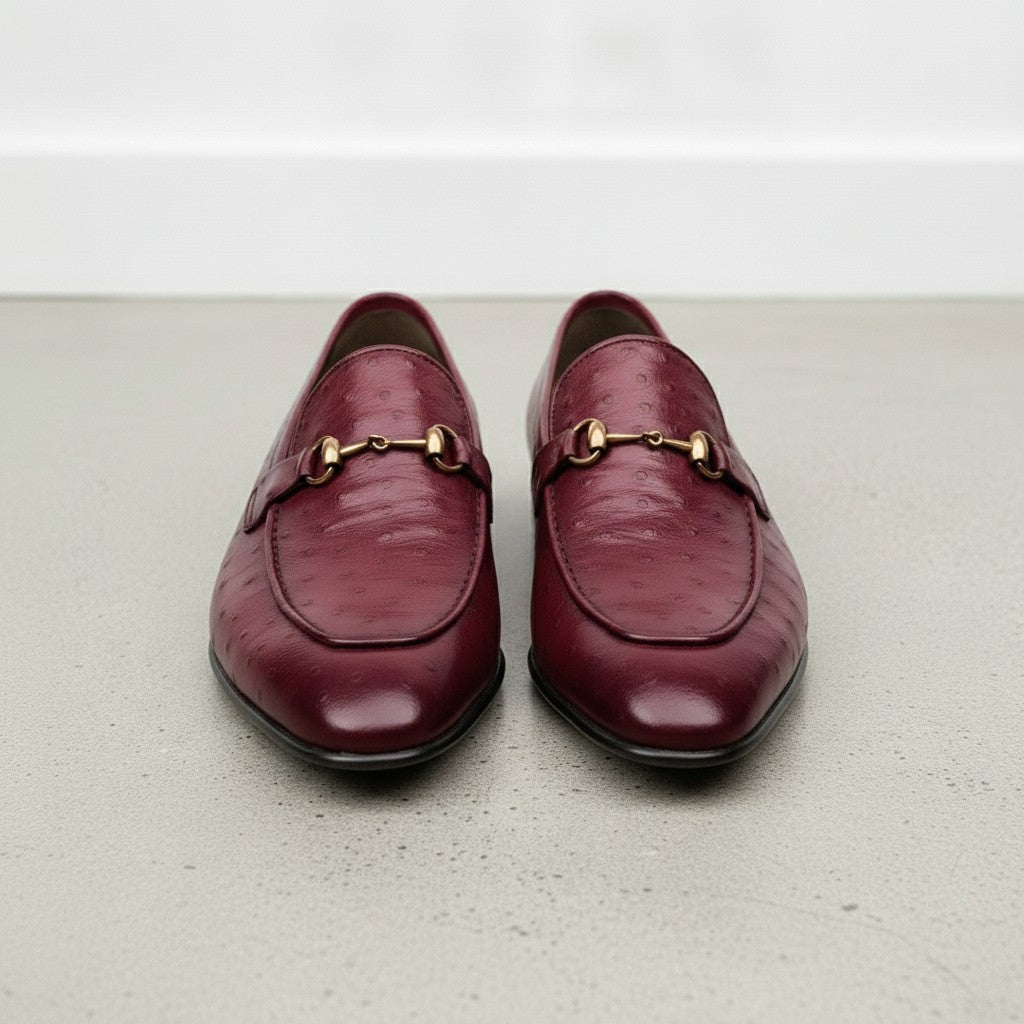 Men's Burgundy Ostrich-Embossed Leather Bit Loafers