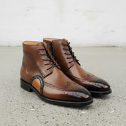 Men's Brown and Tan Wingtip Leather Oxford Boots