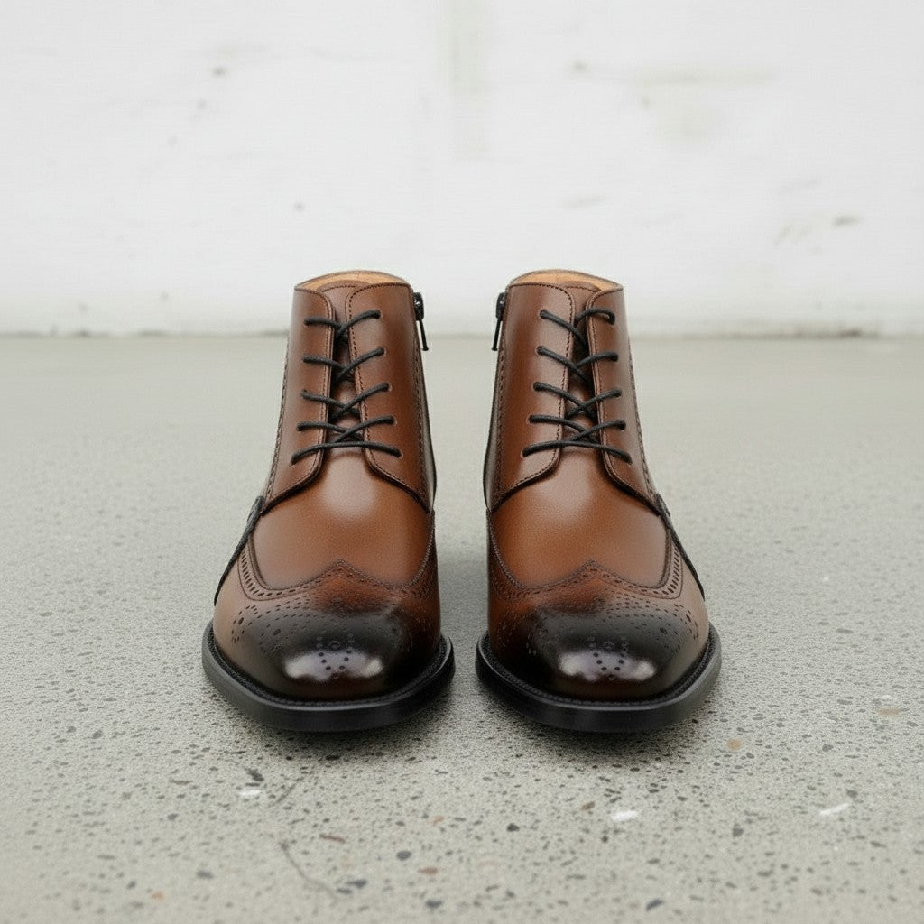 Men's Brown and Tan Wingtip Leather Oxford Boots