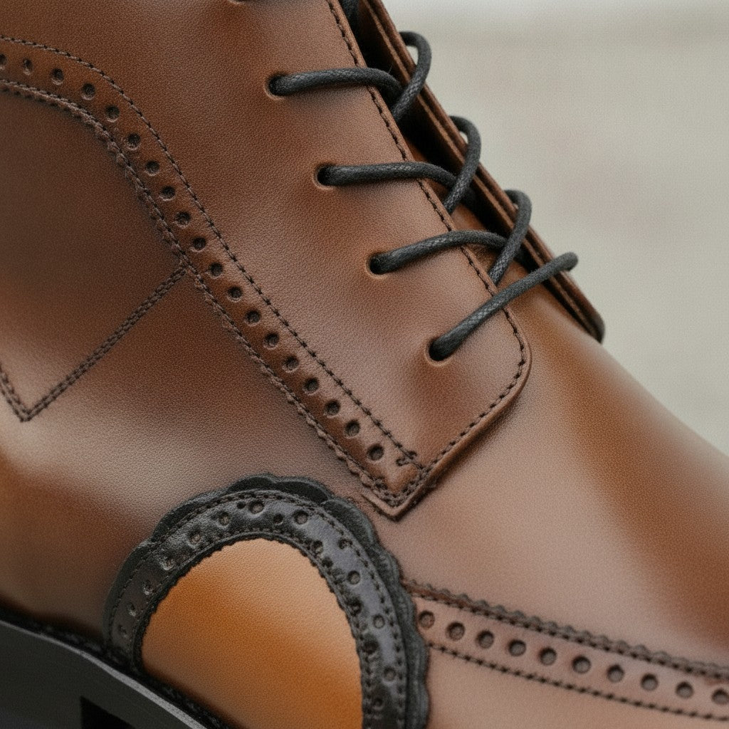 Men's Brown and Tan Wingtip Leather Oxford Boots