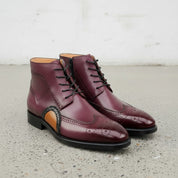 Men's Burgundy and Tan Wingtip Leather Oxford Boots