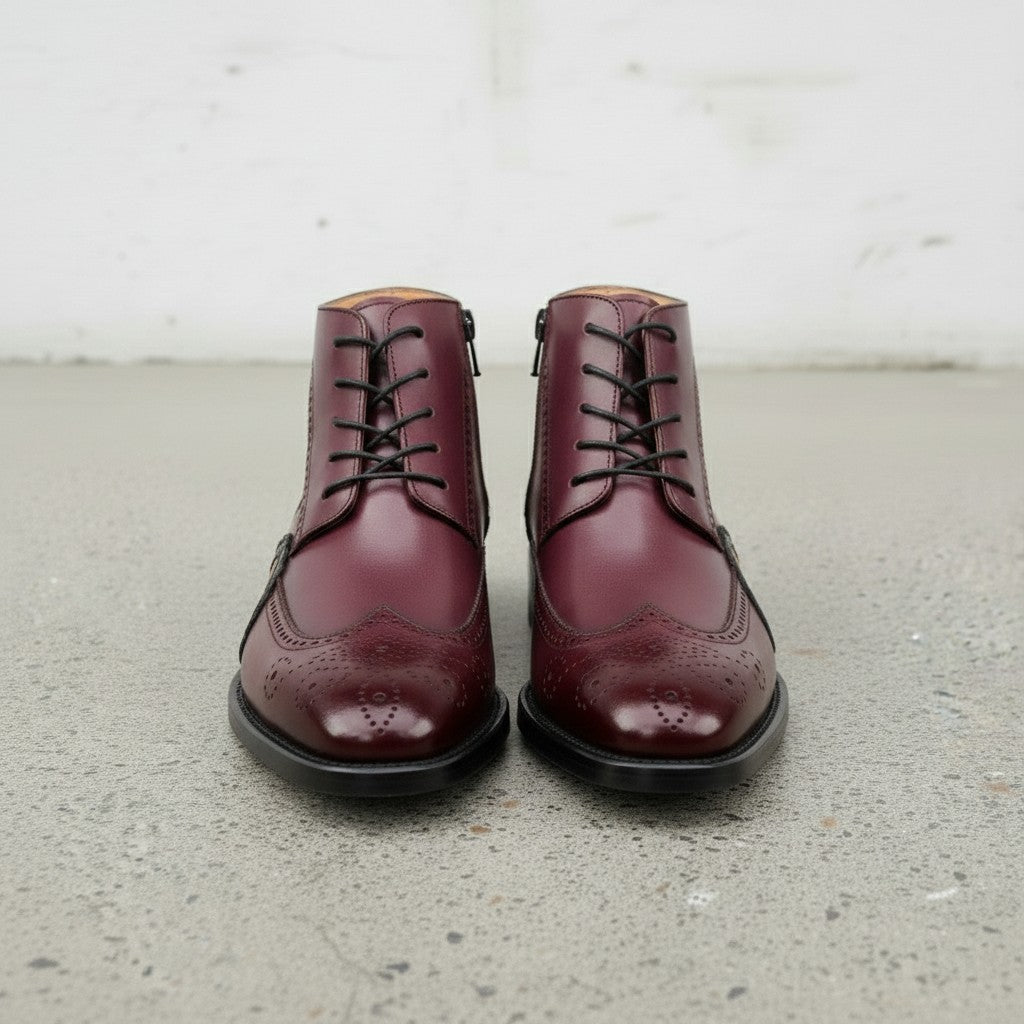 Men's Burgundy and Tan Wingtip Leather Oxford Boots