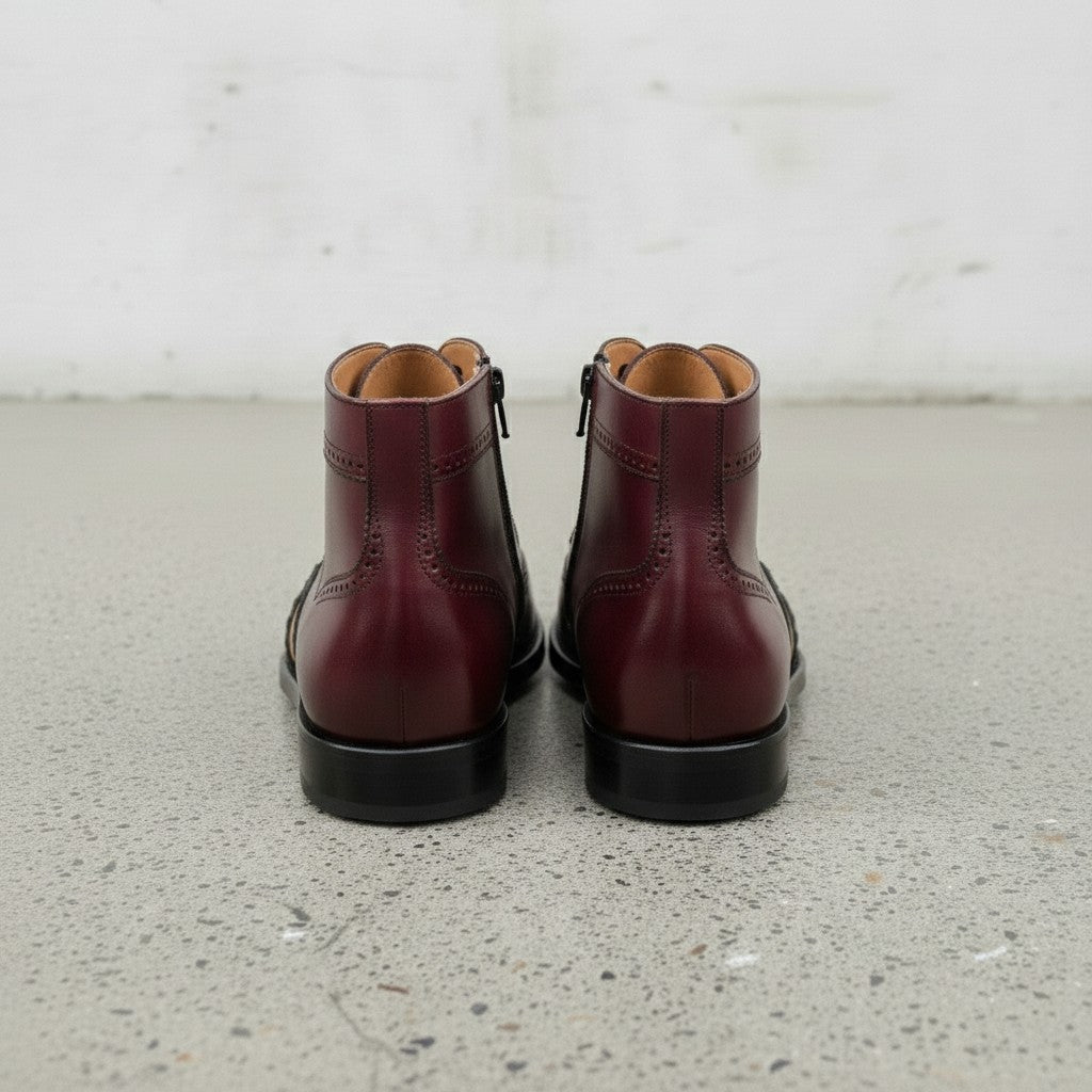 Men's Burgundy and Tan Wingtip Leather Oxford Boots
