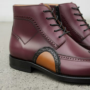 Men's Burgundy and Tan Wingtip Leather Oxford Boots