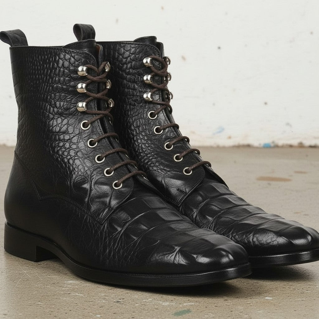Men's Black Crocodile-Embossed Leather Ankle Boots