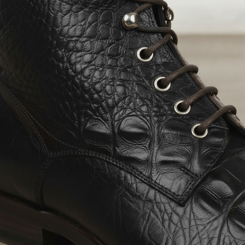 Men's Black Crocodile-Embossed Leather Ankle Boots