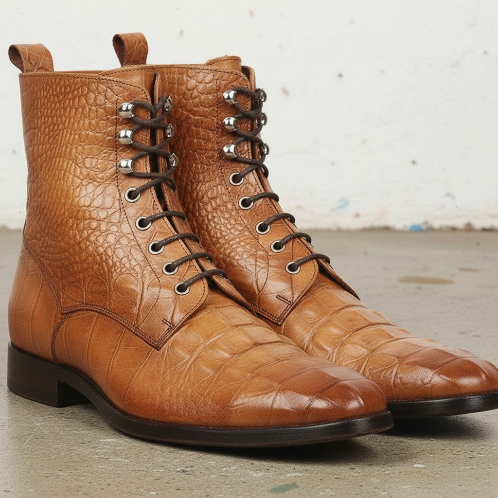 Men's Tan Crocodile-Embossed Leather Ankle Boots