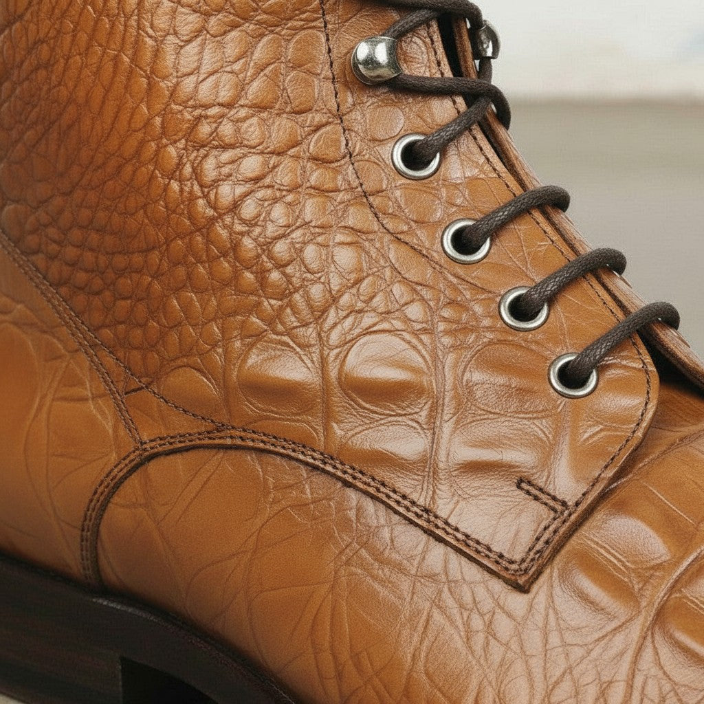 Men's Tan Crocodile-Embossed Leather Ankle Boots