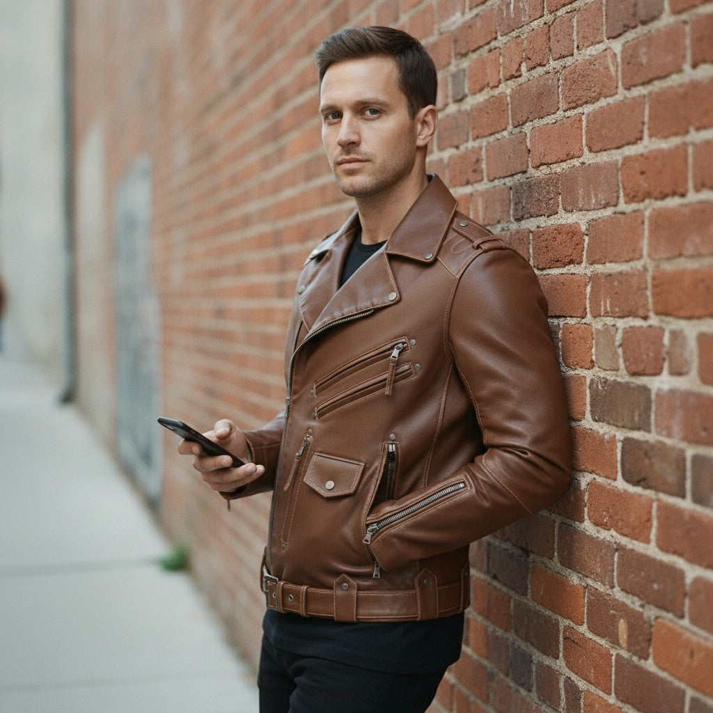 Men's Brown Leather Biker Jacket